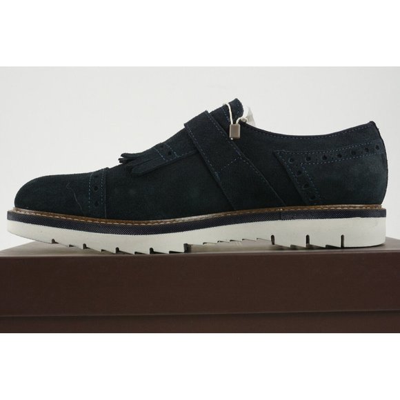 New Thompson Mens US 9 Blue Suede Kilted Almond Cap Toe Single Monk Strap Loafer - Picture 5 of 10